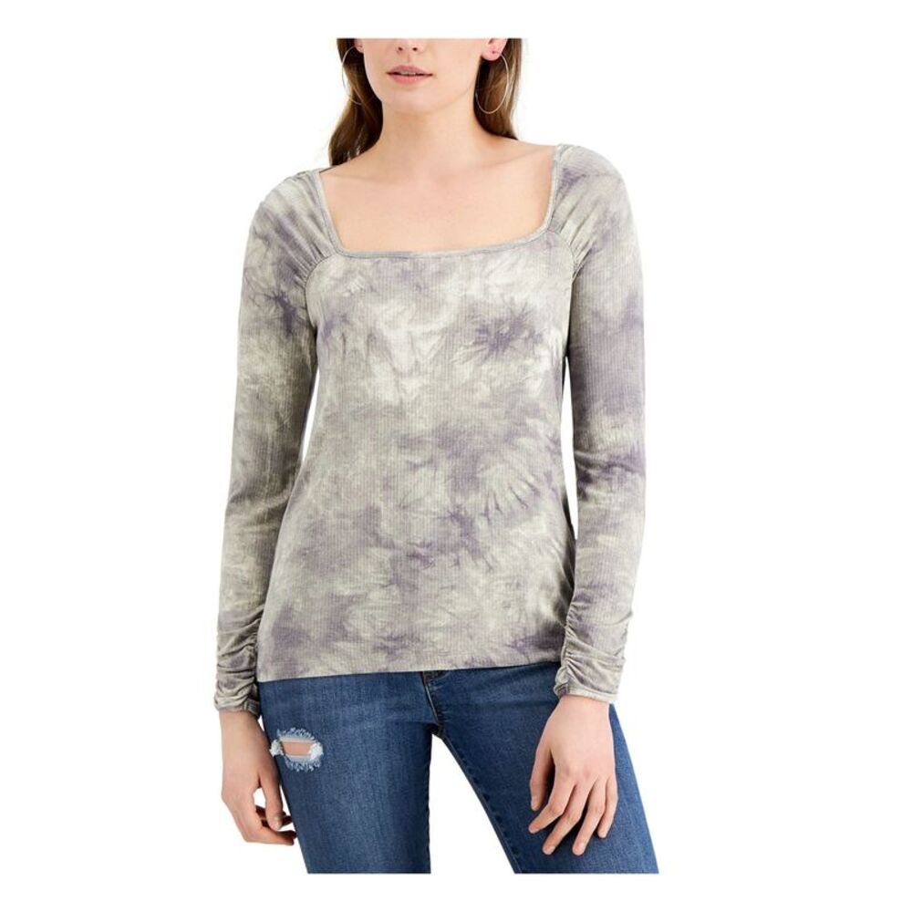 FEVER Womens Gray Ribbed Tie Dye Long Sleeve Square Neck Top Size: M - Picture 1 of 1